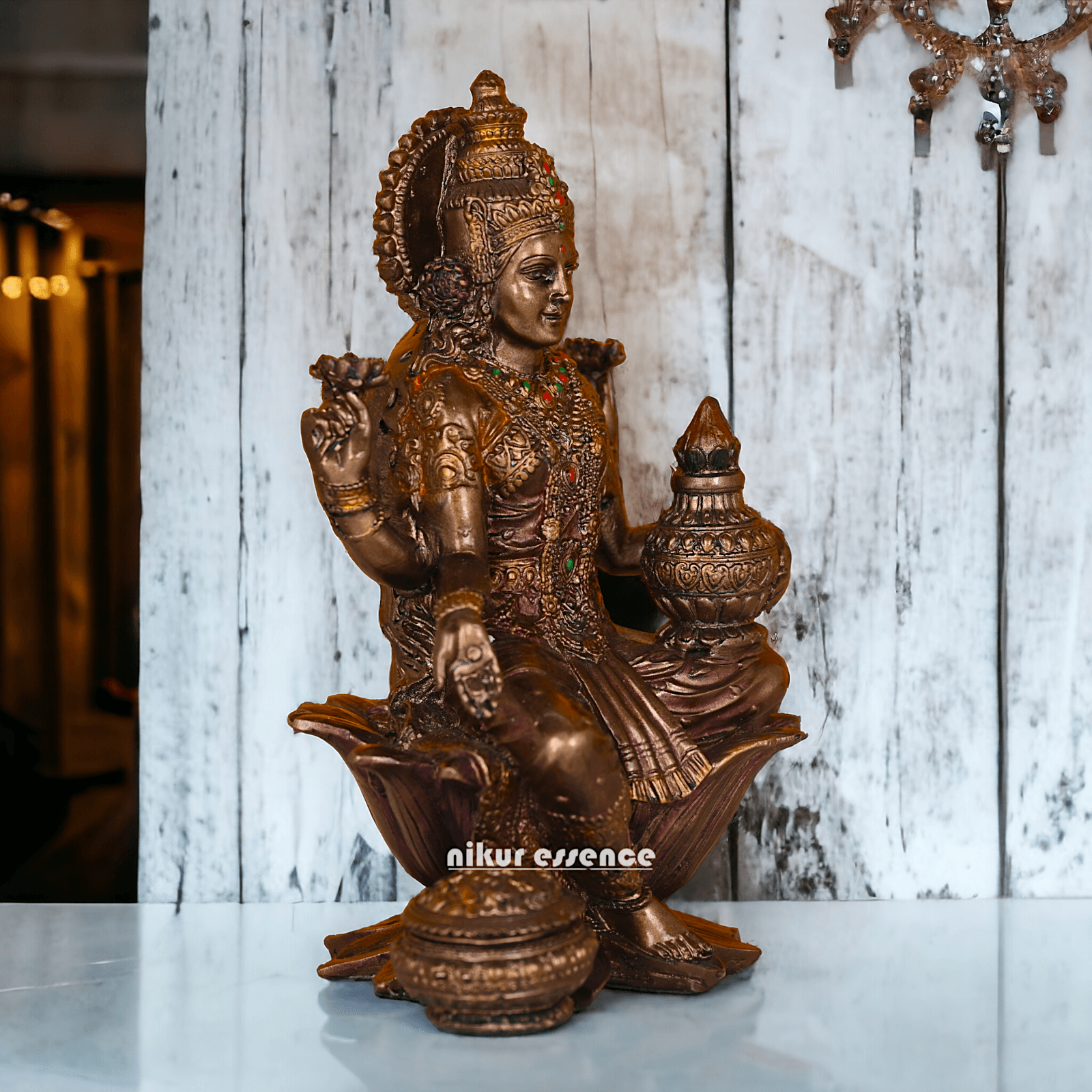 Bronze Lakshmi statue Seated on Lotus - Handcrafted Hindu Sculpture for Prosperity and Blessings