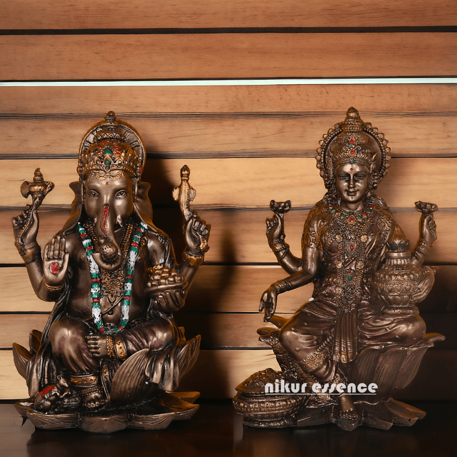 Bronze Lakshmi Ganesh Statue Sitting on Lotus Flower | 18.5 CM Height