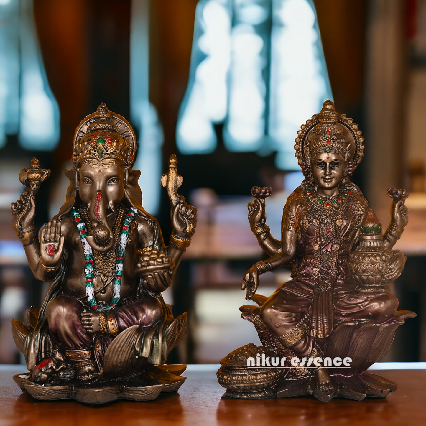 Bronze Lakshmi Ganesh Statue Sitting on Lotus Flower | 18.5 CM Height