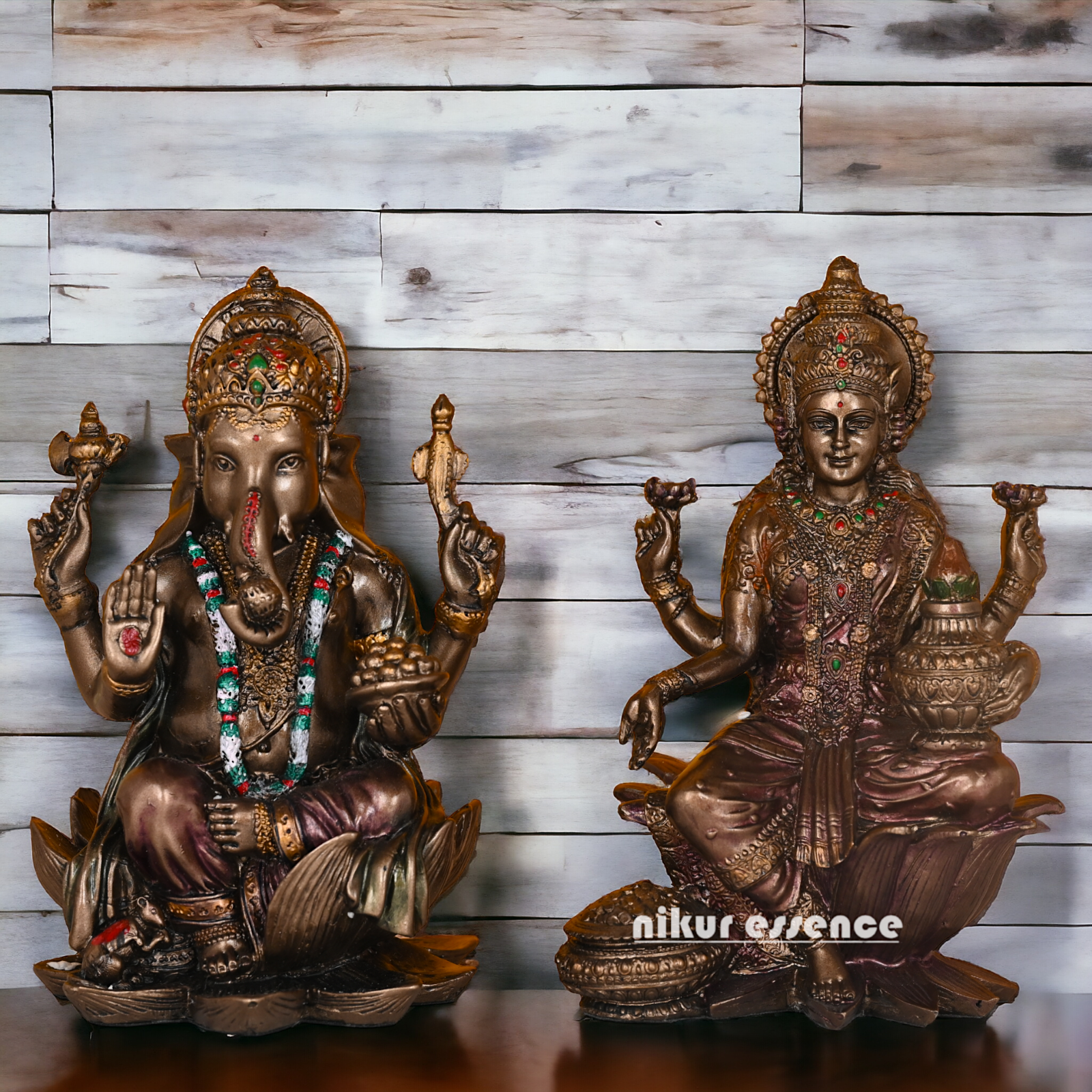 Bronze Lakshmi Ganesh Statue Sitting on Lotus Flower | 18.5 CM Height