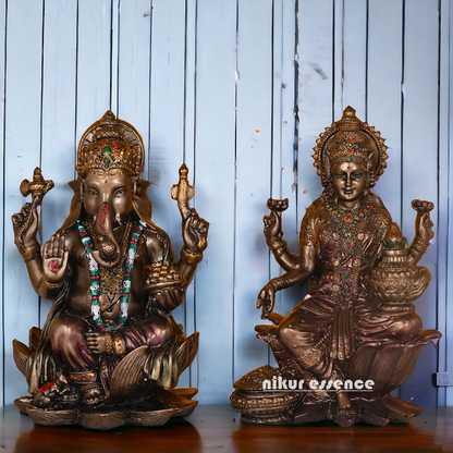 Bronze Lakshmi Ganesh Statue Sitting on Lotus Flower | 18.5 CM Height