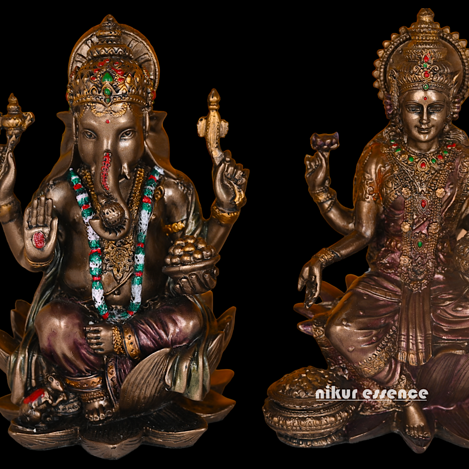 Bronze Lakshmi Ganesh Statue Sitting on Lotus Flower | 18.5 CM Height