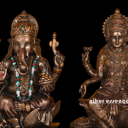 Bronze Lakshmi Ganesh Statue Sitting on Lotus Flower | 18.5 CM Height