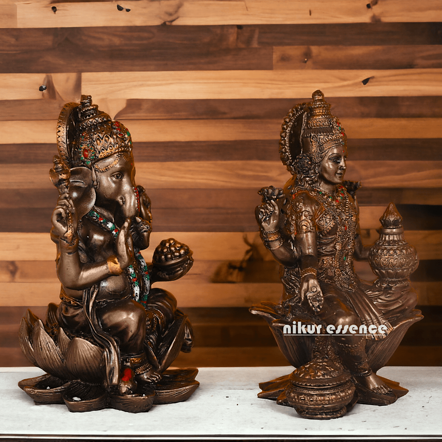 Bronze Lakshmi Ganesh Statue Sitting on Lotus Flower | 18.5 CM Height