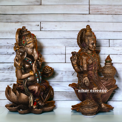 Bronze Lakshmi Ganesh Statue Sitting on Lotus Flower | 18.5 CM Height