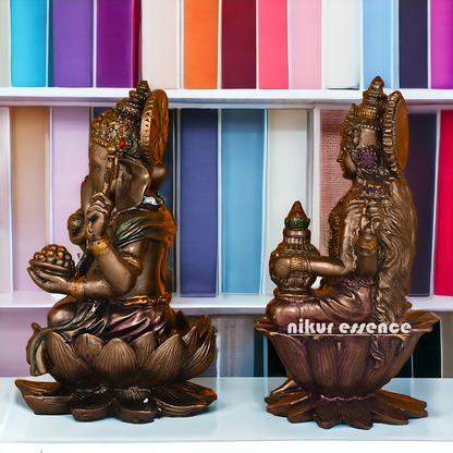 Bronze Lakshmi Ganesh Statue Sitting on Lotus Flower | 18.5 CM Height