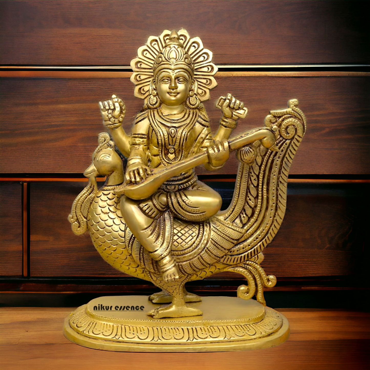 Goddess Saraswati Sitting on Swan playing Veena Solid Brass Idol - 10 Inches