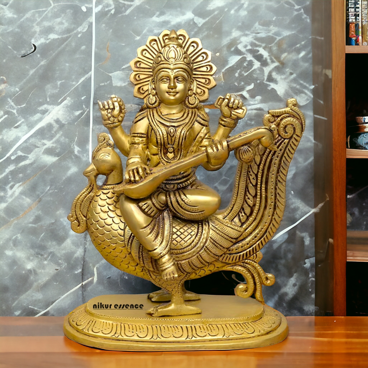 Goddess Saraswati Sitting on Swan playing Veena Solid Brass Idol - 10 Inches