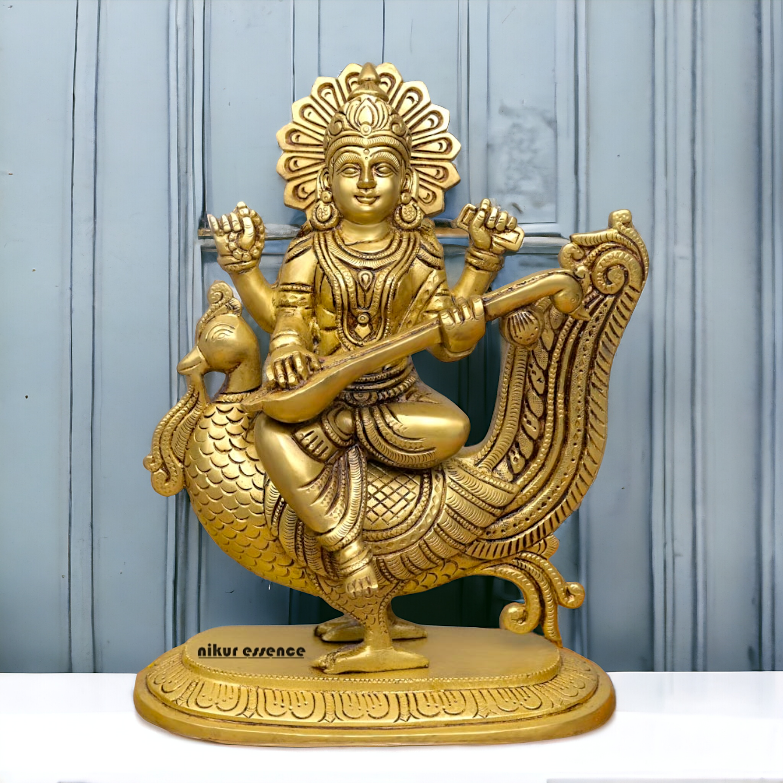 Goddess Saraswati Sitting on Swan playing Veena Solid Brass Idol - 10 Inches