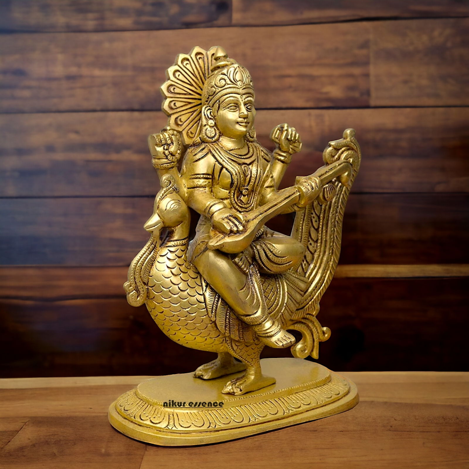 Goddess Saraswati Sitting on Swan playing Veena Solid Brass Idol - 10 Inches