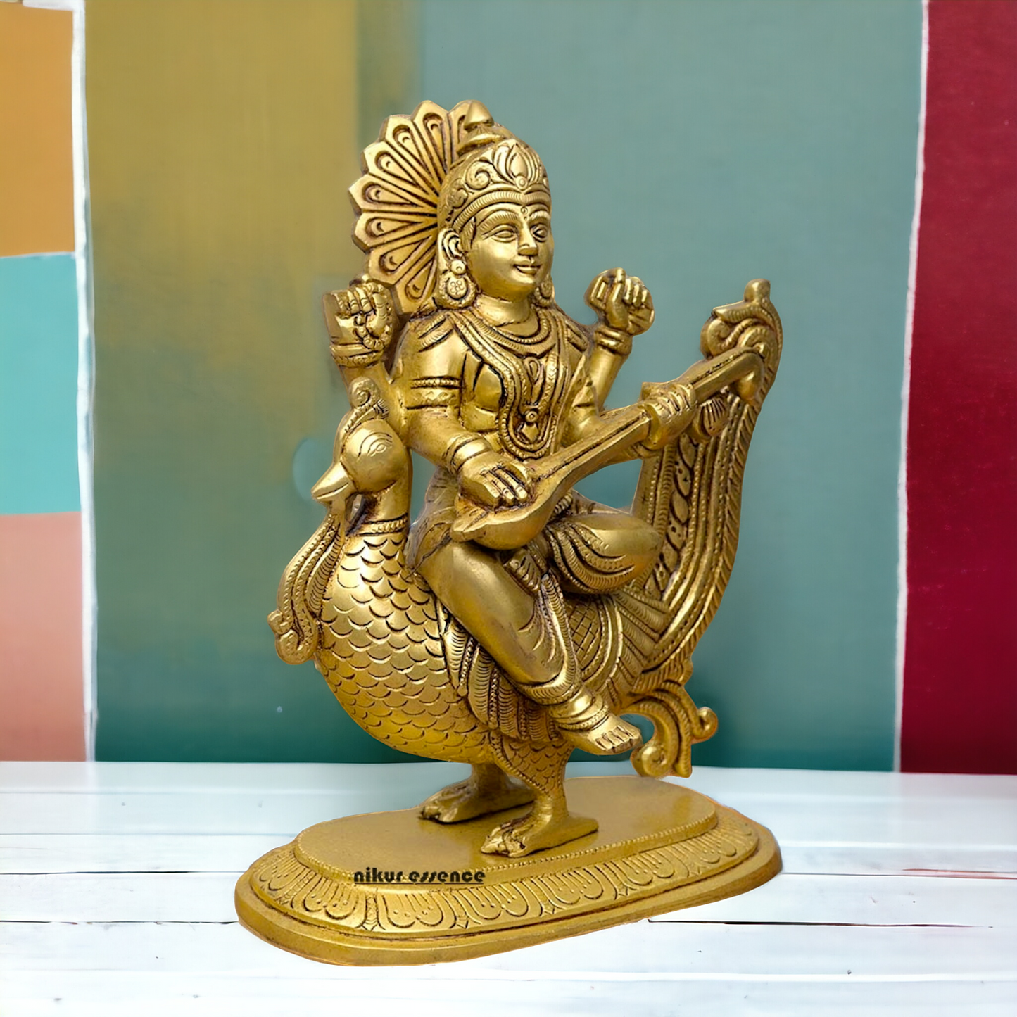 Goddess Saraswati Sitting on Swan playing Veena Solid Brass Idol - 10 Inches