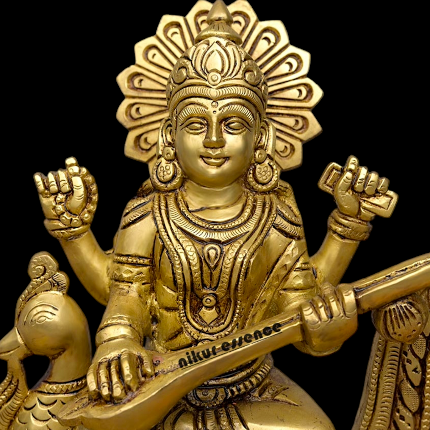 Goddess Saraswati Sitting on Swan playing Veena Solid Brass Idol - 10 Inches