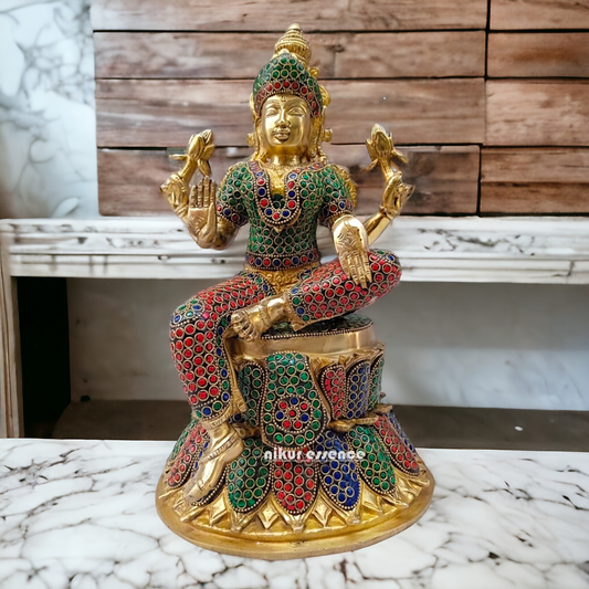 Shop Brass Lakshmi Maa Sitting Idol with Stone Work - 15 inches