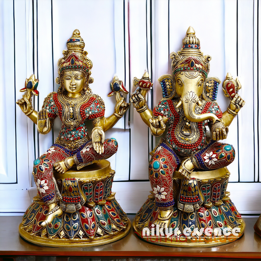 Shop Large Brass Ganesh Maha Lakshmi Sitting with stone work Idol - 14.5 inches