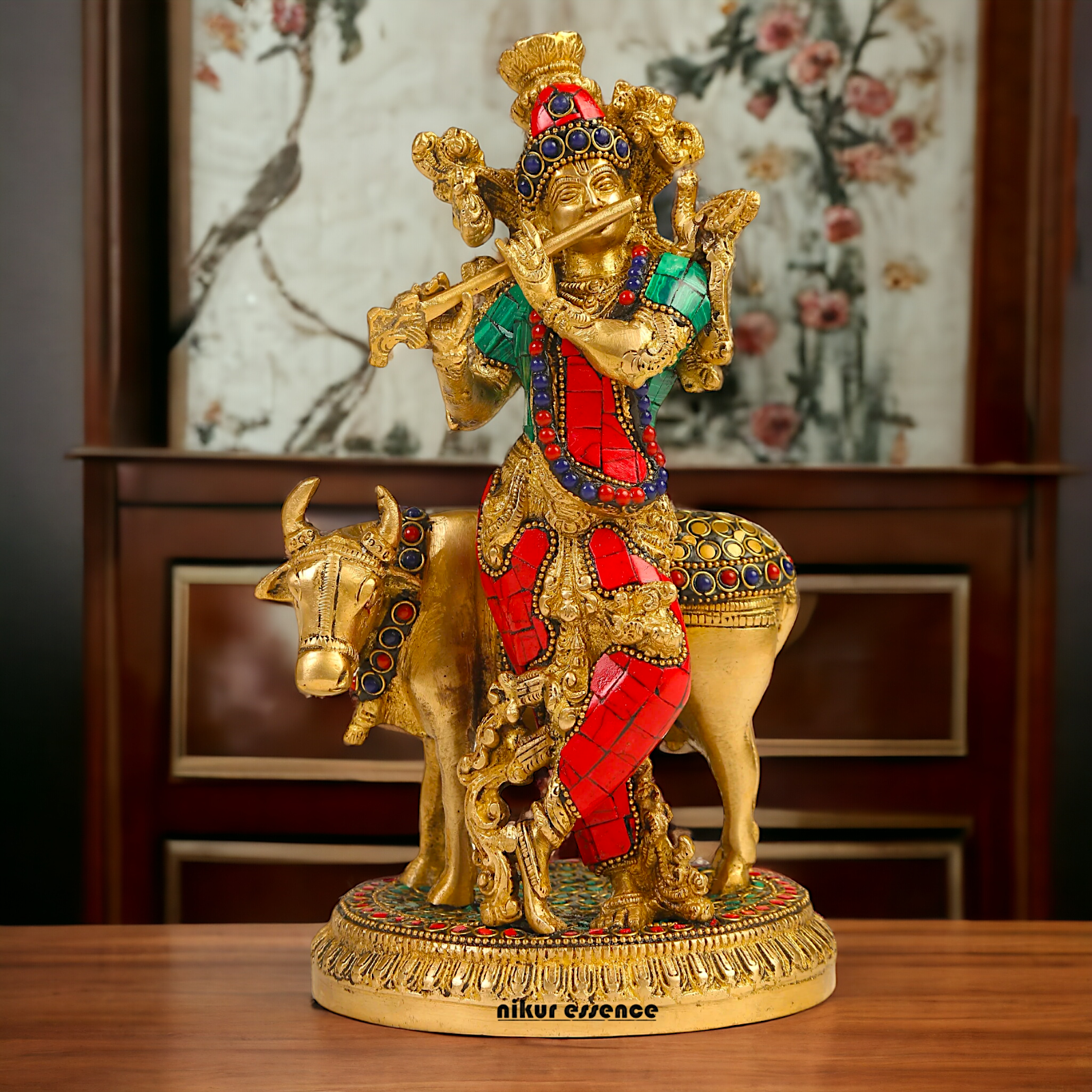 Shop Krishna With Cow Brass Idol Stone work - 9.75 inches