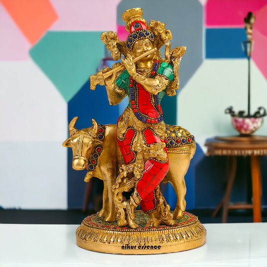 Shop Krishna With Cow Brass Idol Stone work - 9.75 inches