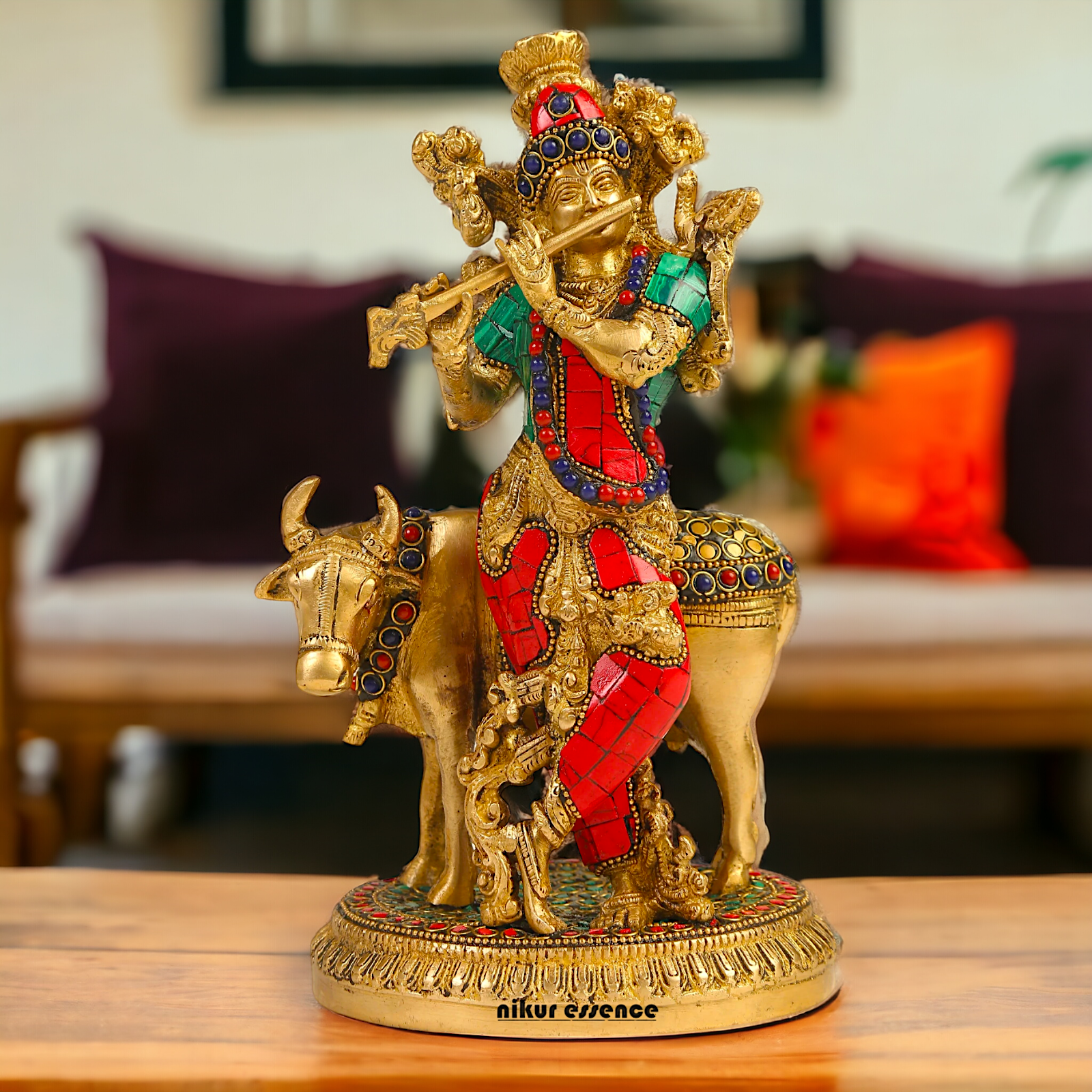 Shop Krishna With Cow Brass Idol Stone work - 9.75 inches