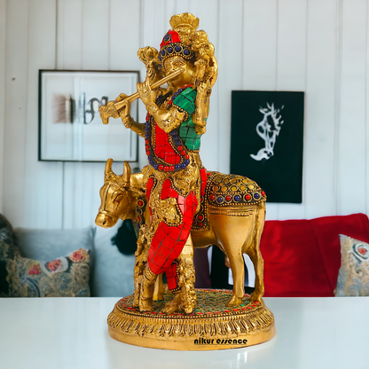 Shop Krishna With Cow Brass Idol Stone work - 9.75 inches