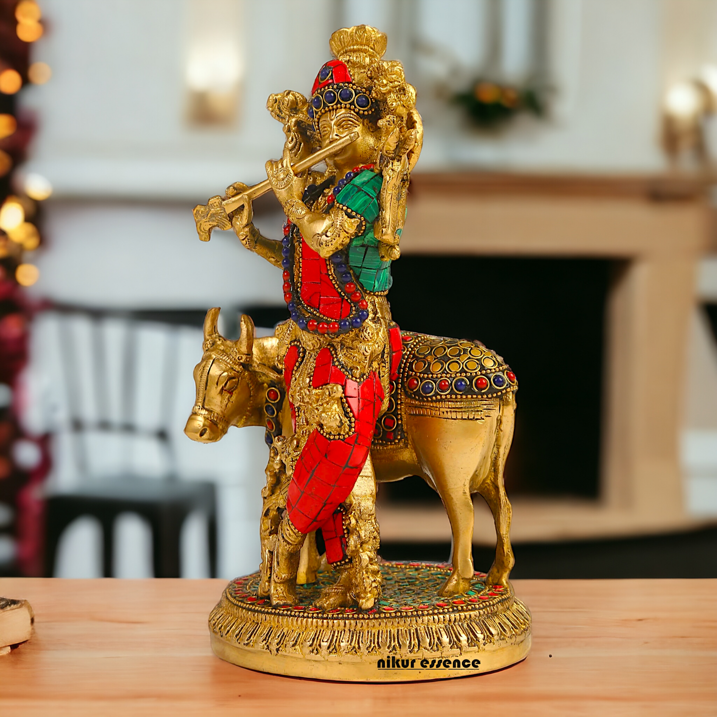 Shop Krishna With Cow Brass Idol Stone work - 9.75 inches