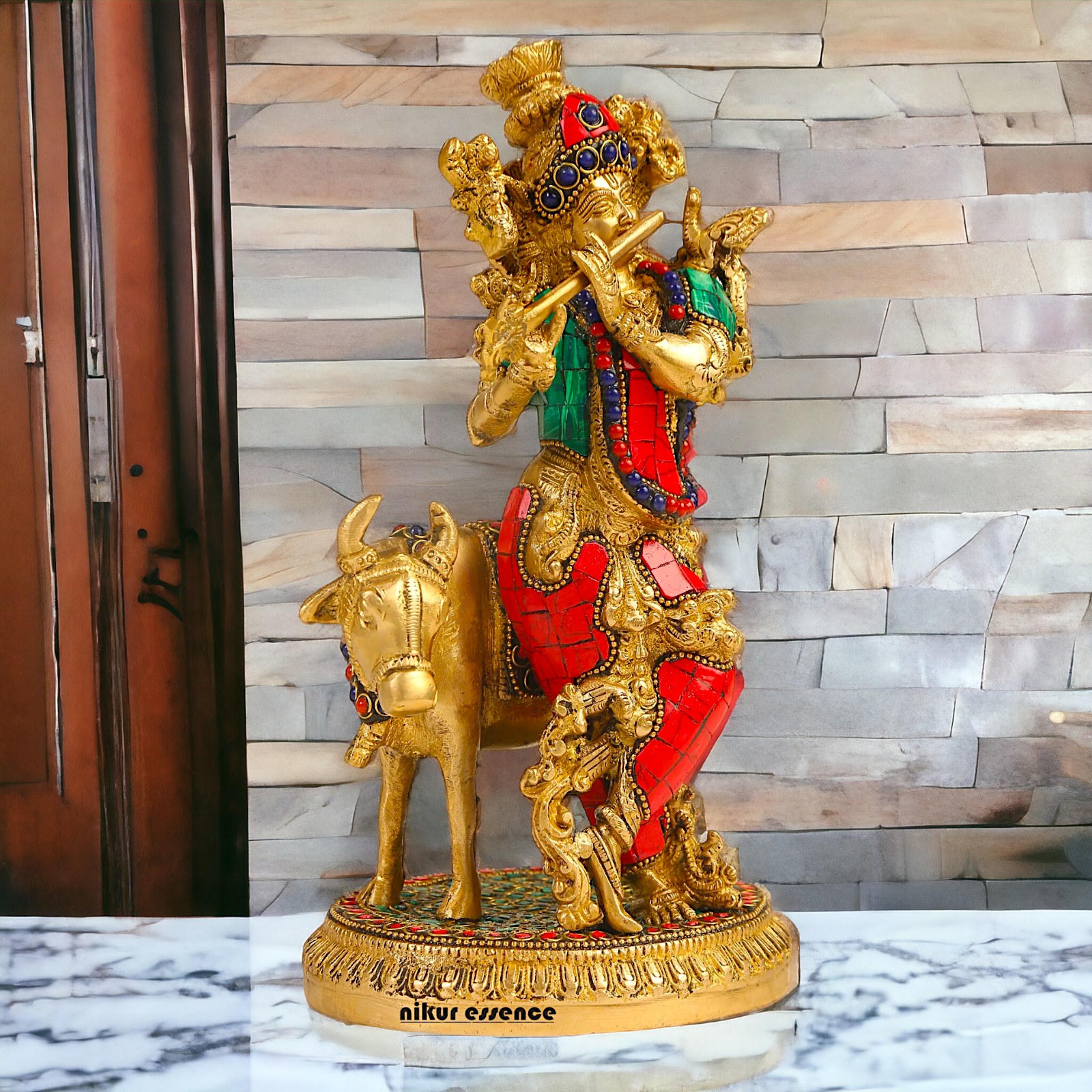 Shop Krishna With Cow Brass Idol Stone work - 9.75 inches