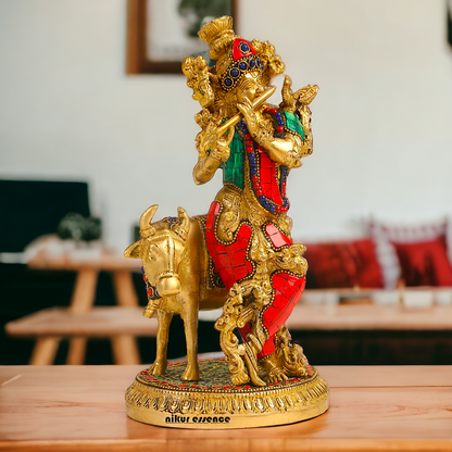 Shop Krishna With Cow Brass Idol Stone work - 9.75 inches