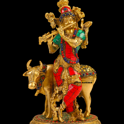 Shop Krishna With Cow Brass Idol Stone work - 9.75 inches