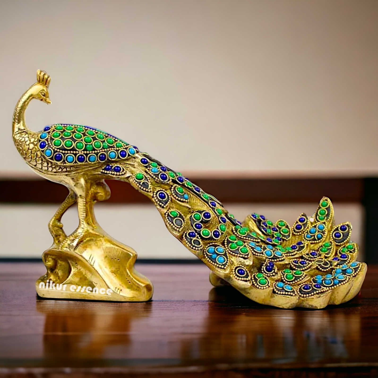 Brass Peacock Idol with Stone work - 12 inch