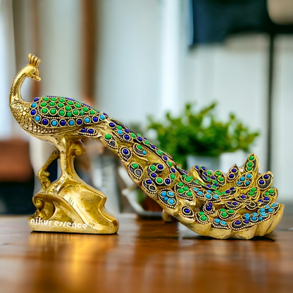 Brass Peacock Idol with Stone work - 12 inch