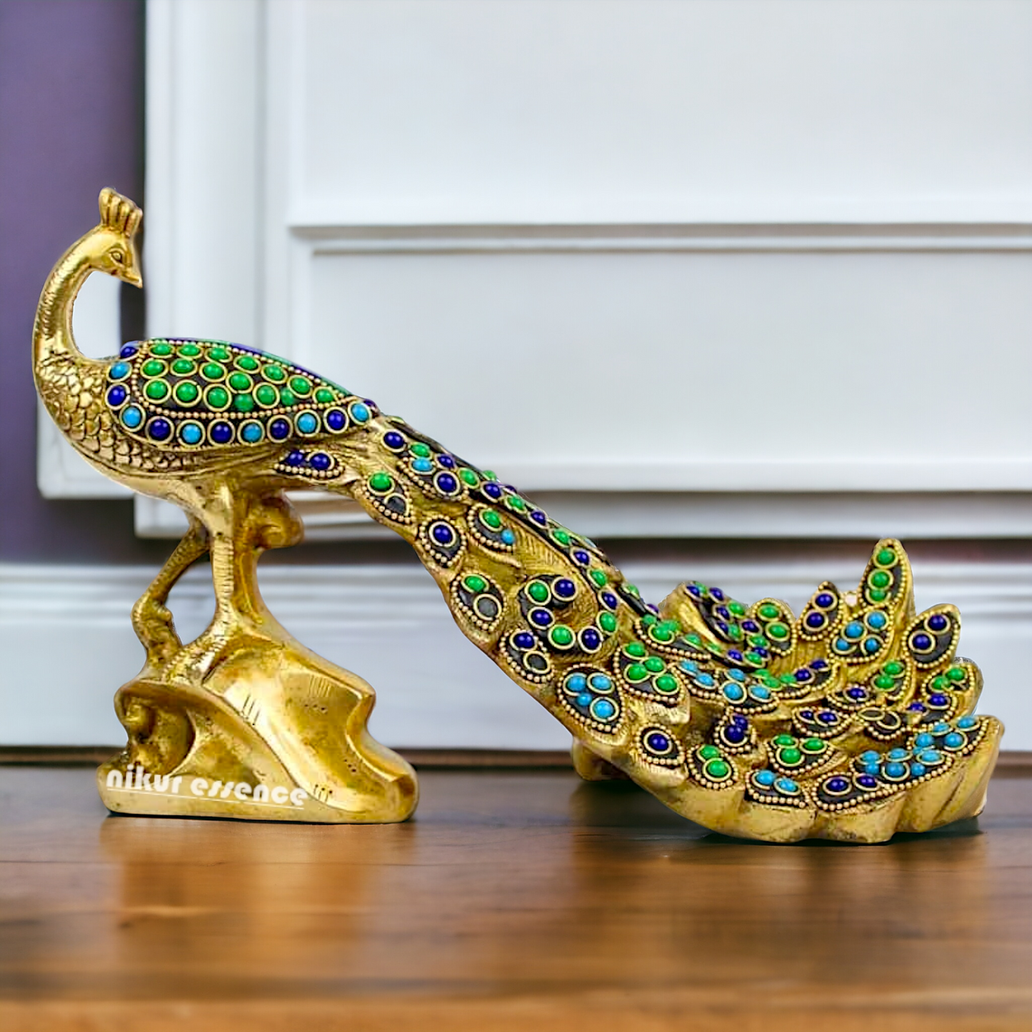 Brass Peacock Idol with Stone work - 12 inch