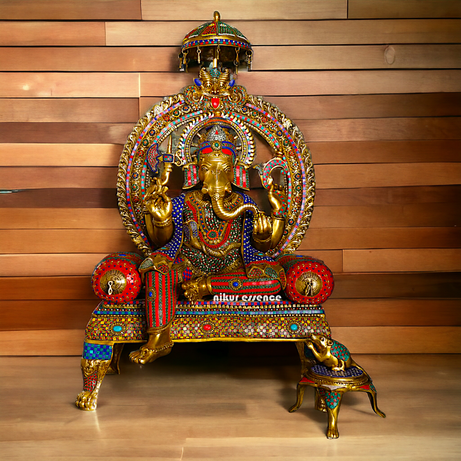 Brass Ganesha Seated on Singhasan with Stone Work idol - 46 inches