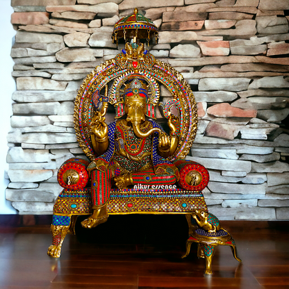 Brass Ganesha Seated on Singhasan with Stone Work idol - 46 inches