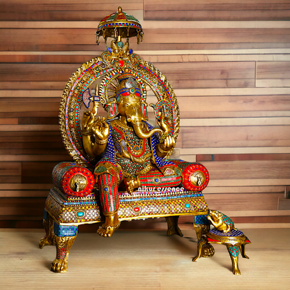 Brass Ganesha Seated on Singhasan with Stone Work idol - 46 inches