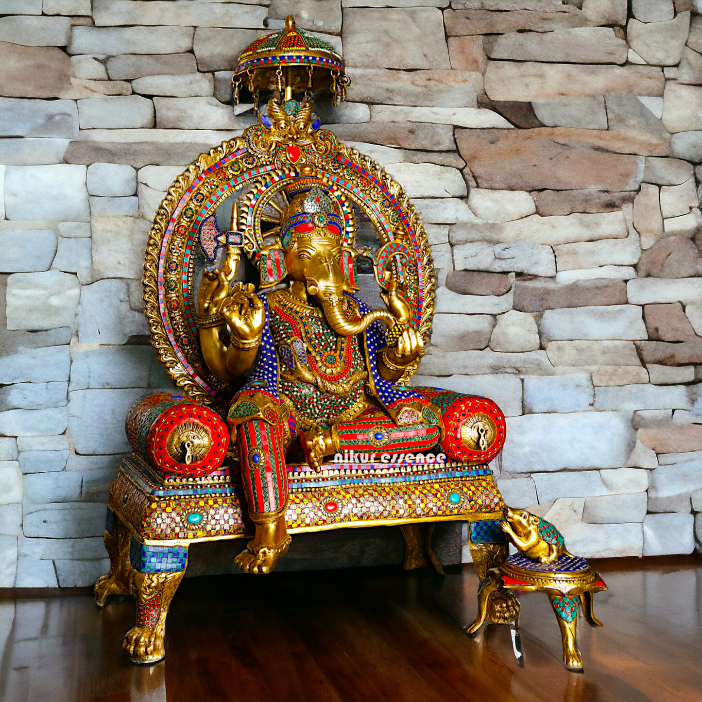 Brass Ganesha Seated on Singhasan with Stone Work idol - 46 inches