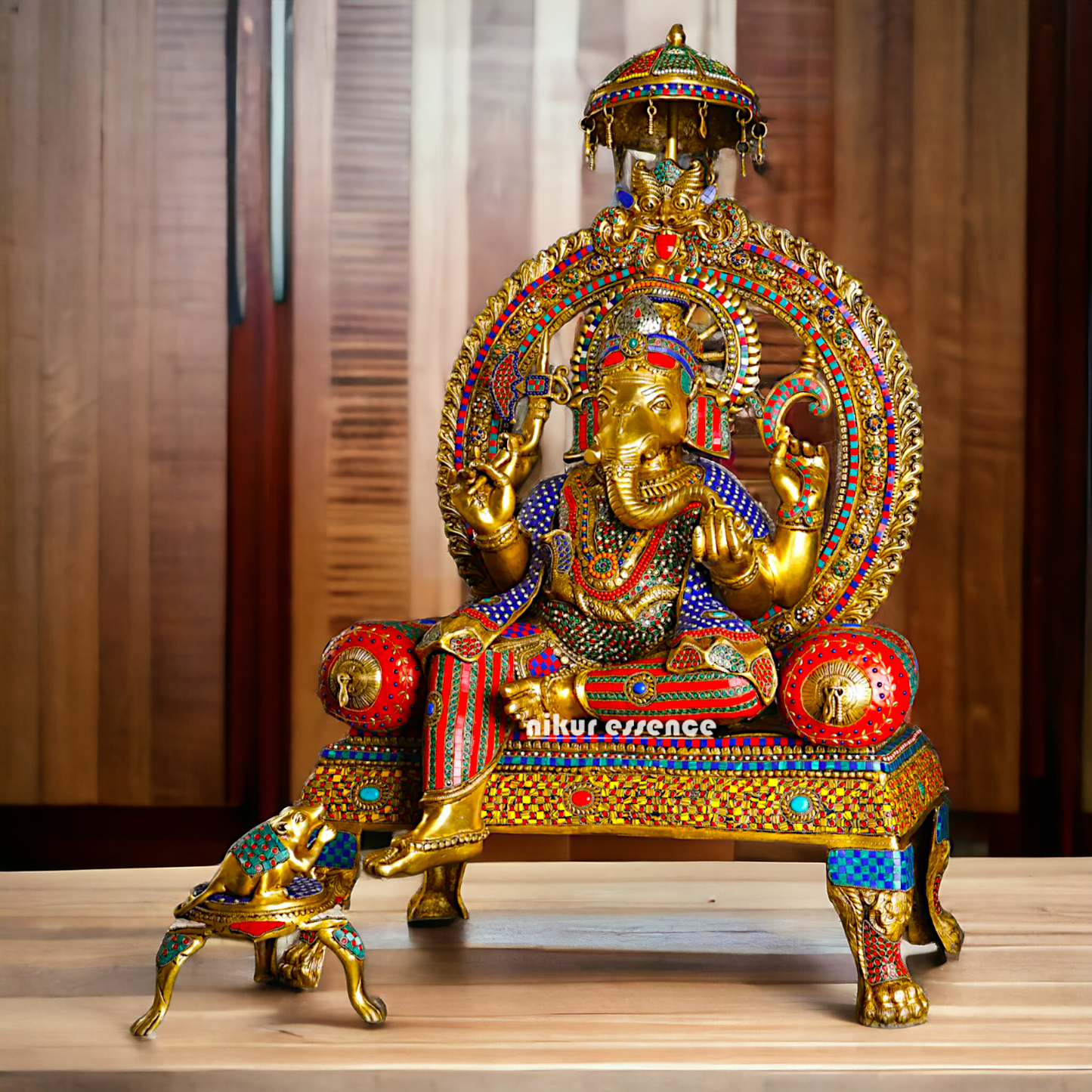 Brass Ganesha Seated on Singhasan with Stone Work idol - 46 inches