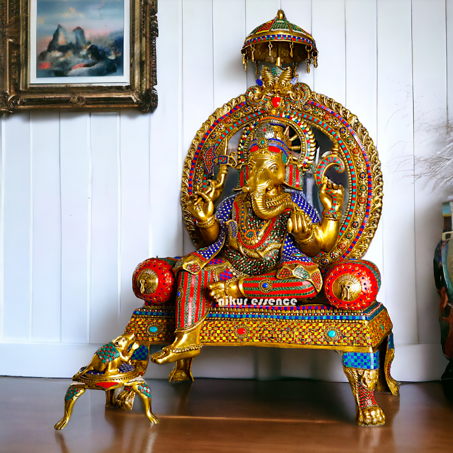 Brass Ganesha Seated on Singhasan with Stone Work idol - 46 inches