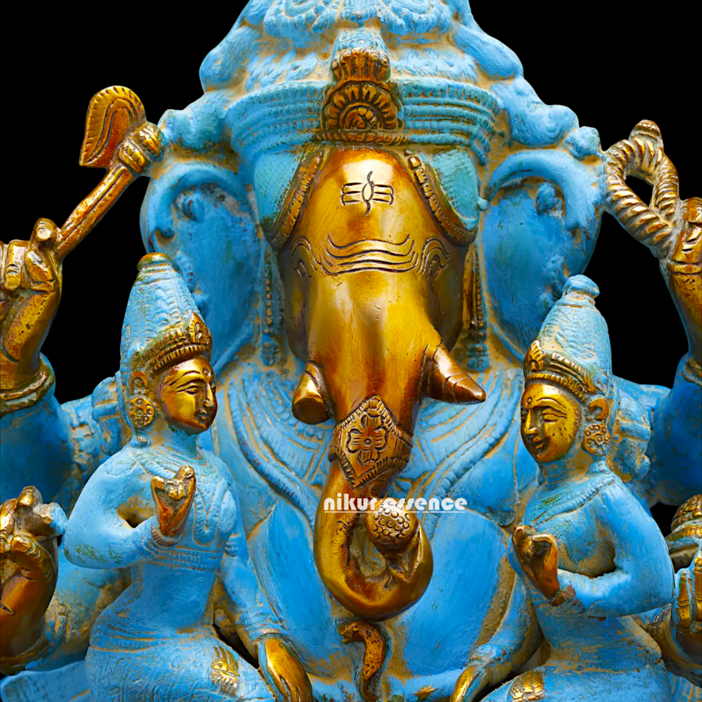 Blue Ganesha Sitting with Riddhi Siddhi Brass idol - 12 inches