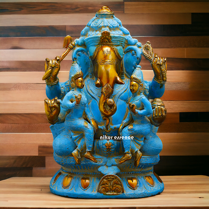 Blue Ganesha Sitting with Riddhi Siddhi Brass idol - 12 inches