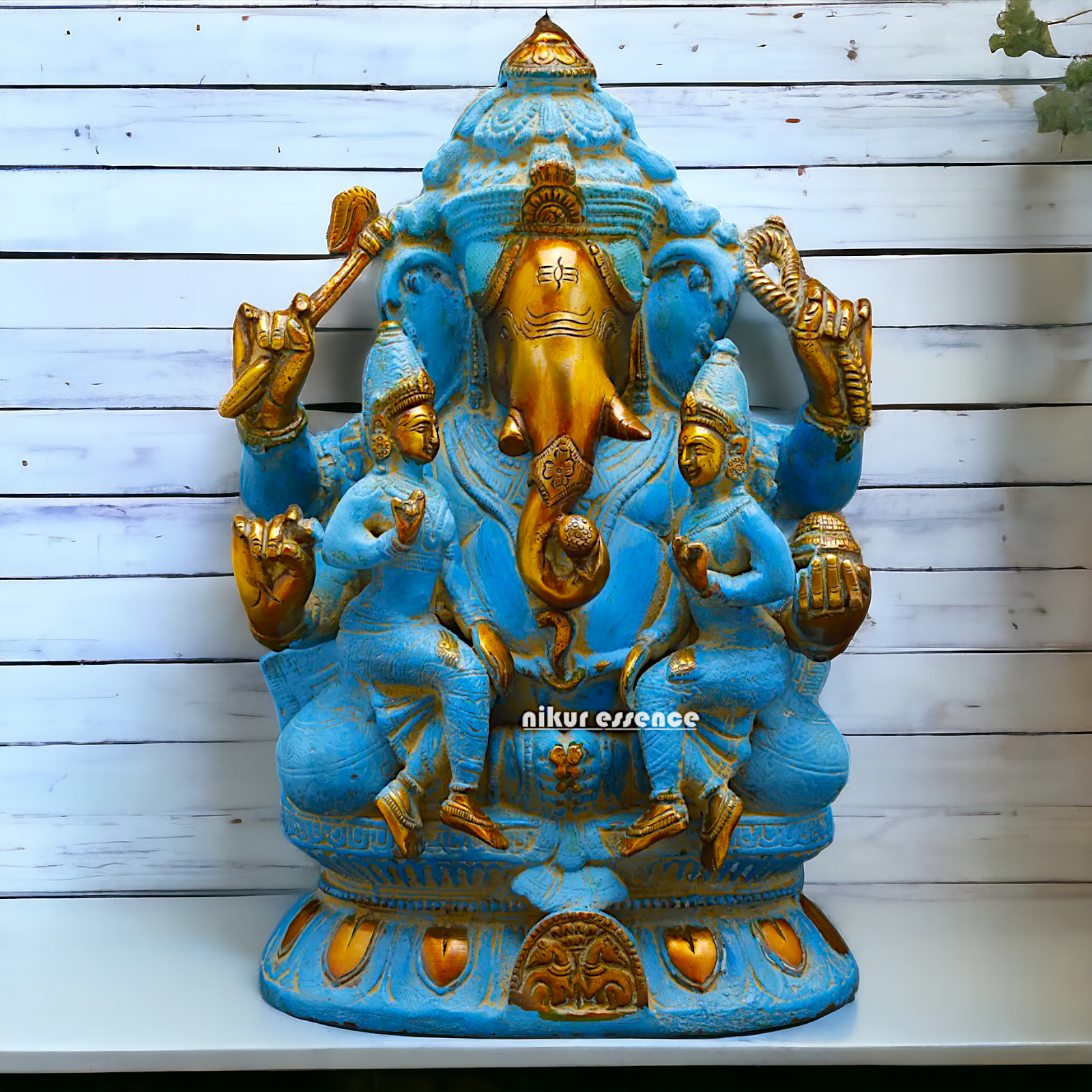 Blue Ganesha Sitting with Riddhi Siddhi Brass idol - 12 inches