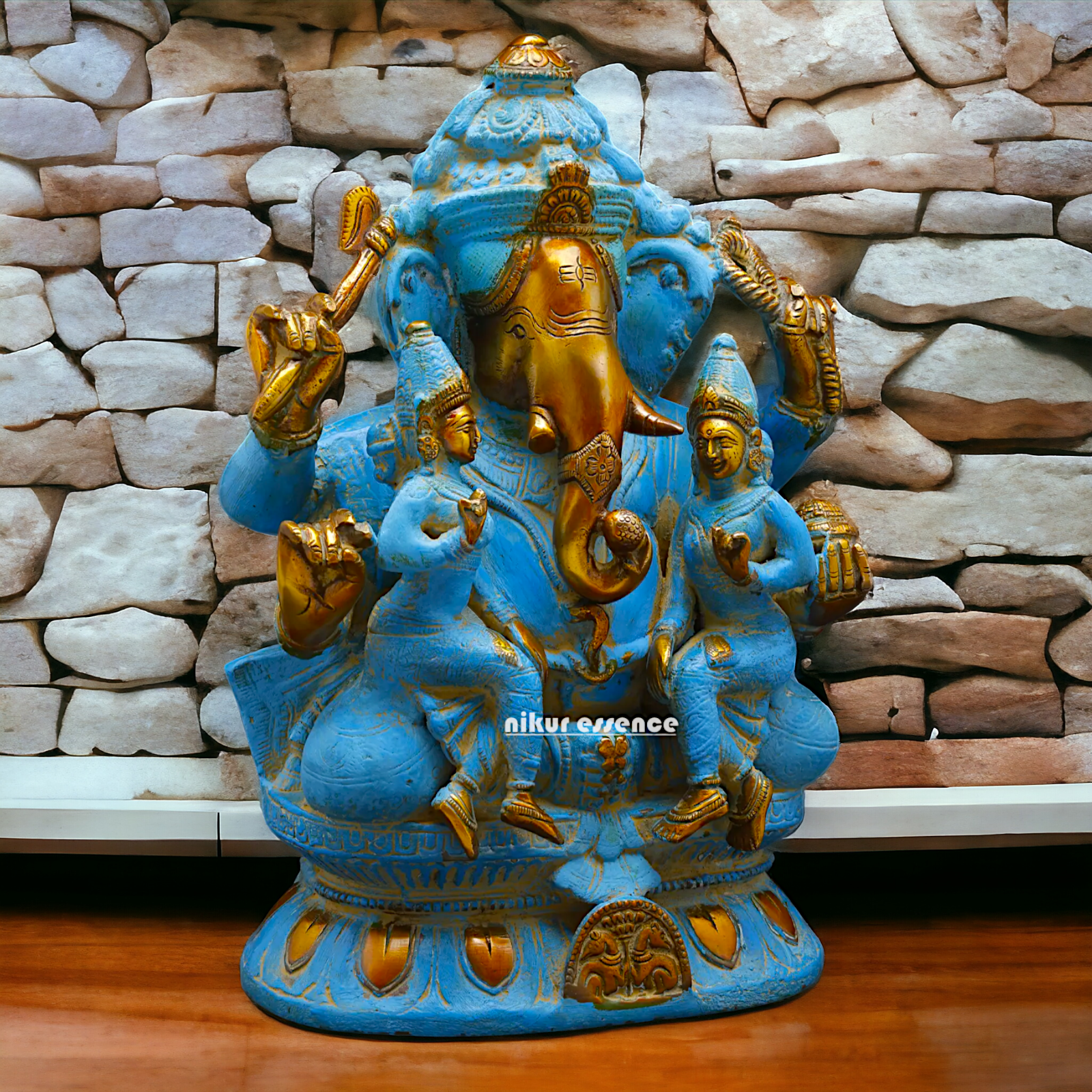 Blue Ganesha Sitting with Riddhi Siddhi Brass idol - 12 inches