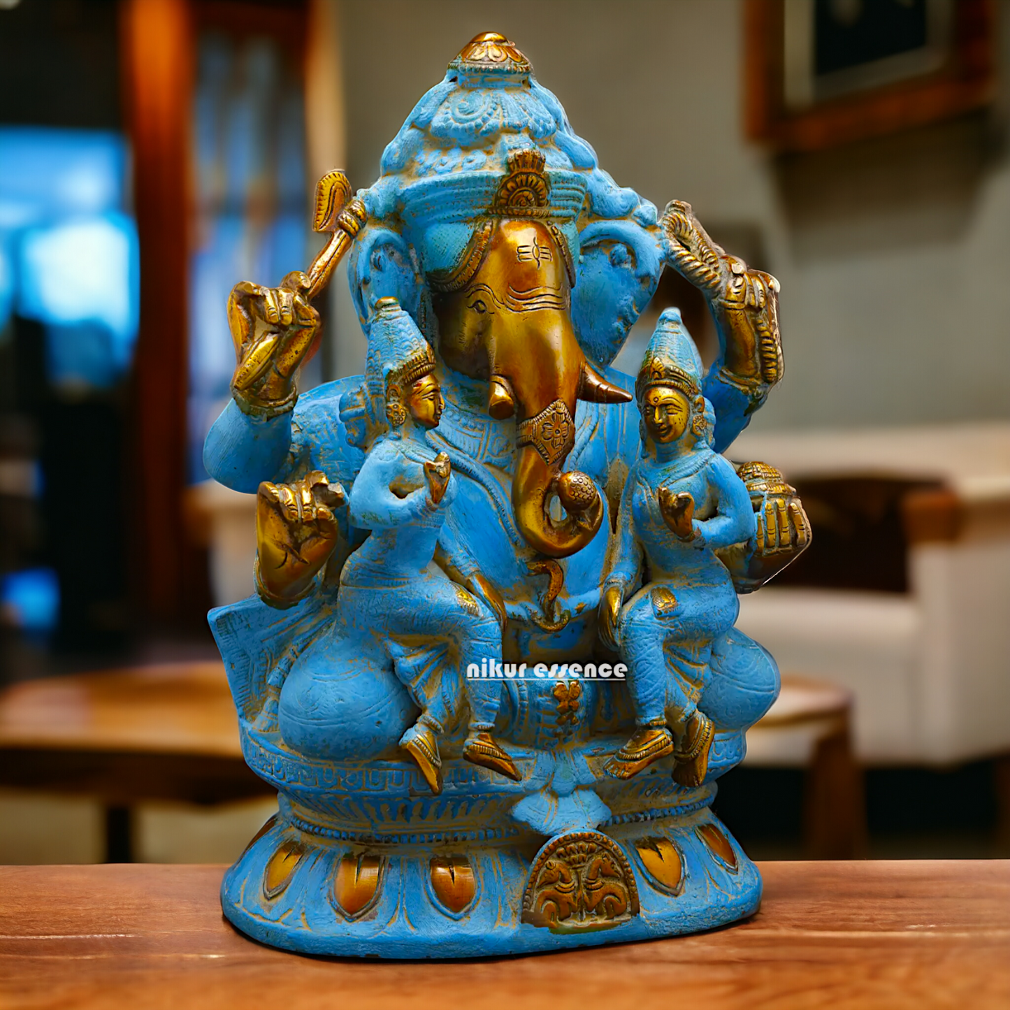 Blue Ganesha Sitting with Riddhi Siddhi Brass idol - 12 inches