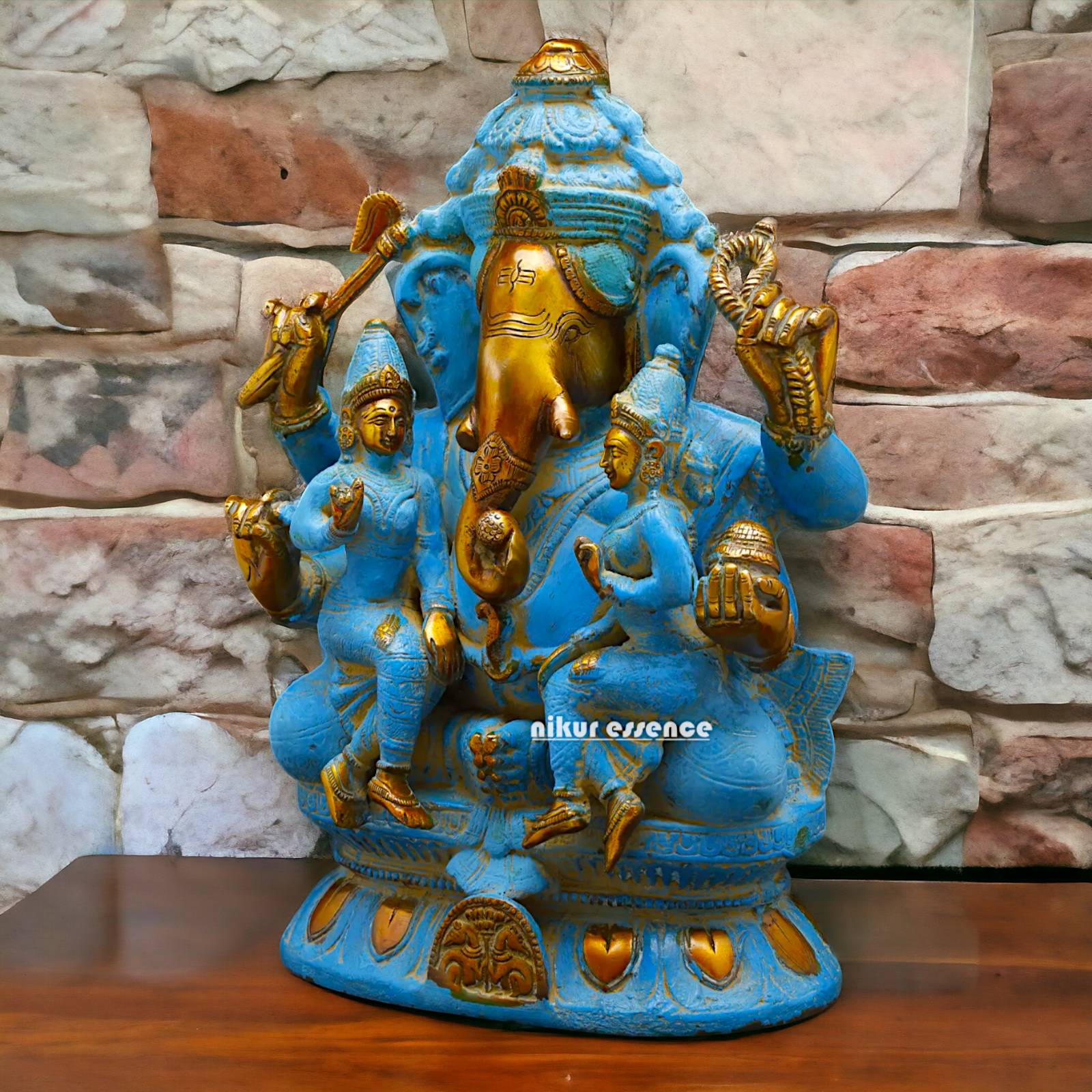 Blue Ganesha Sitting with Riddhi Siddhi Brass idol - 12 inches