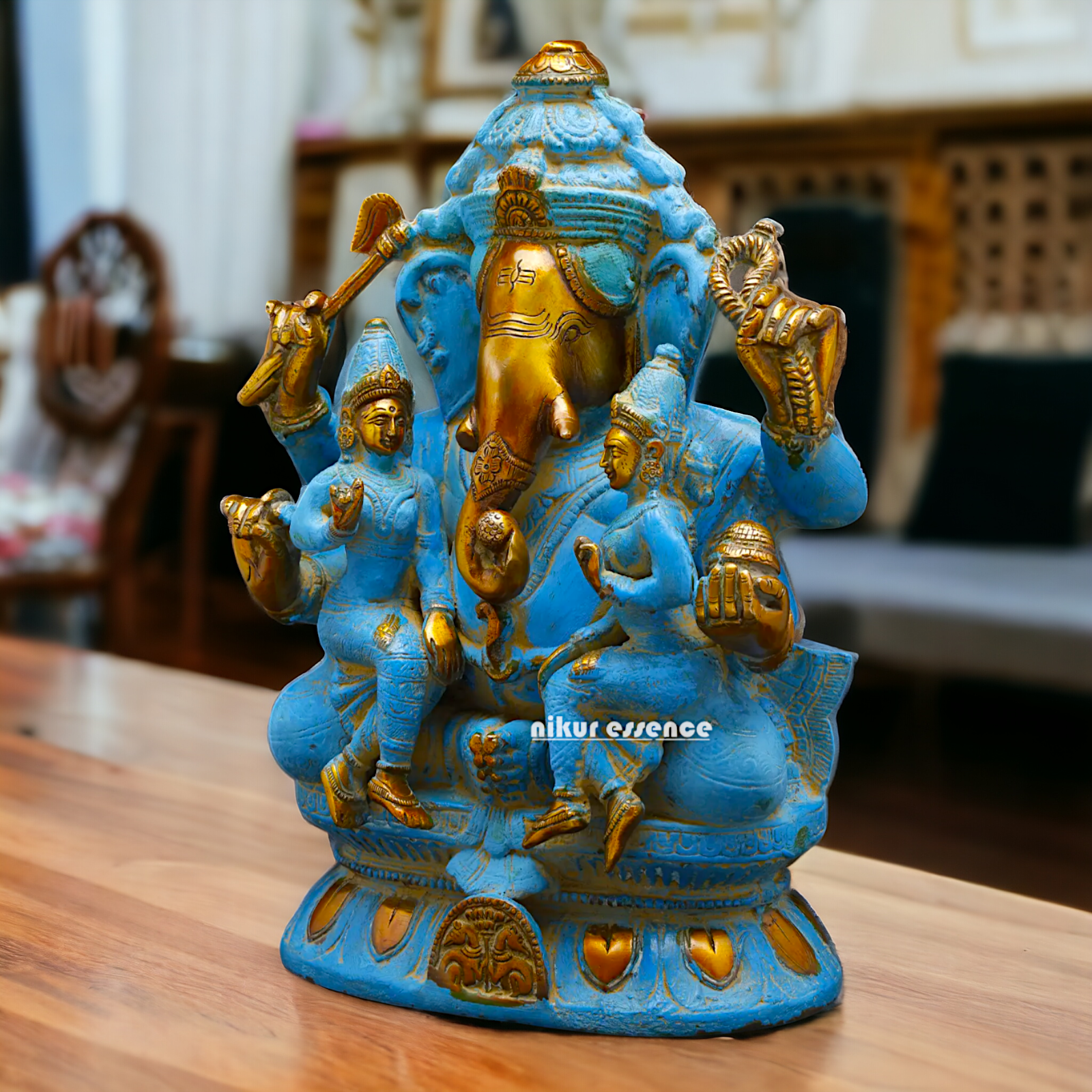 Blue Ganesha Sitting with Riddhi Siddhi Brass idol - 12 inches