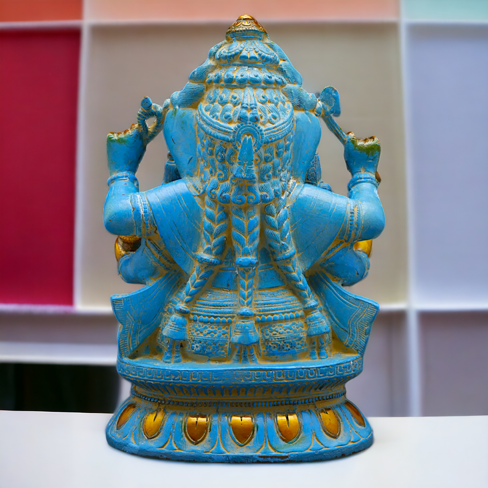 Blue Ganesha Sitting with Riddhi Siddhi Brass idol - 12 inches