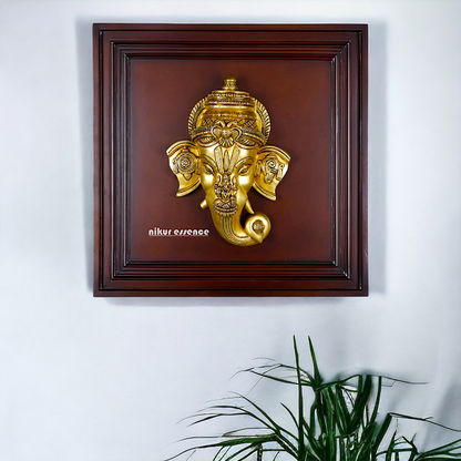 Lord Ganesha Ganpati Face Mask with Lakshmi Wall Hanging Brass statue - 20 inches