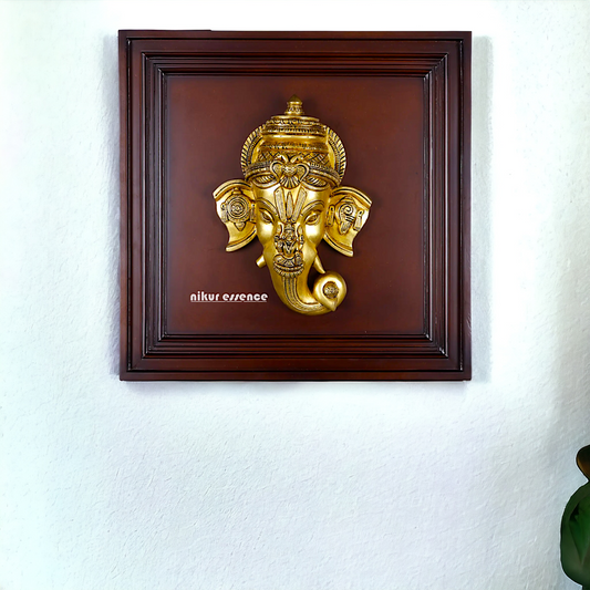 Lord Ganesha Ganpati Face Mask with Lakshmi Wall Hanging Brass statue - 20 inches