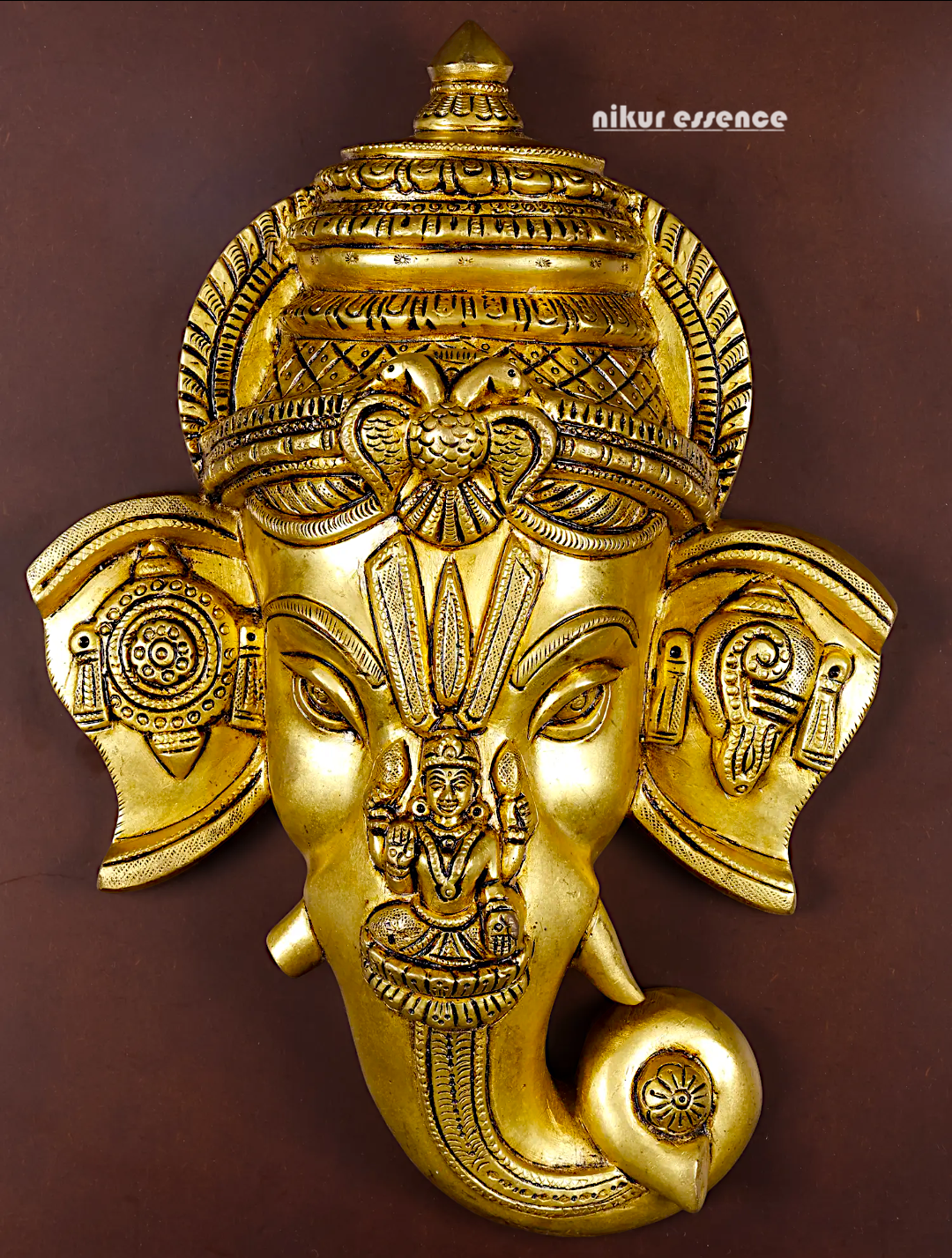 Lord Ganesha Ganpati Face Mask with Lakshmi Wall Hanging Brass statue - 20 inches