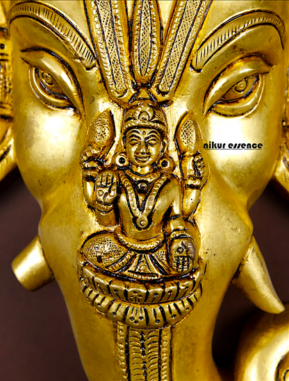 Lord Ganesha Ganpati Face Mask with Lakshmi Wall Hanging Brass statue - 20 inches