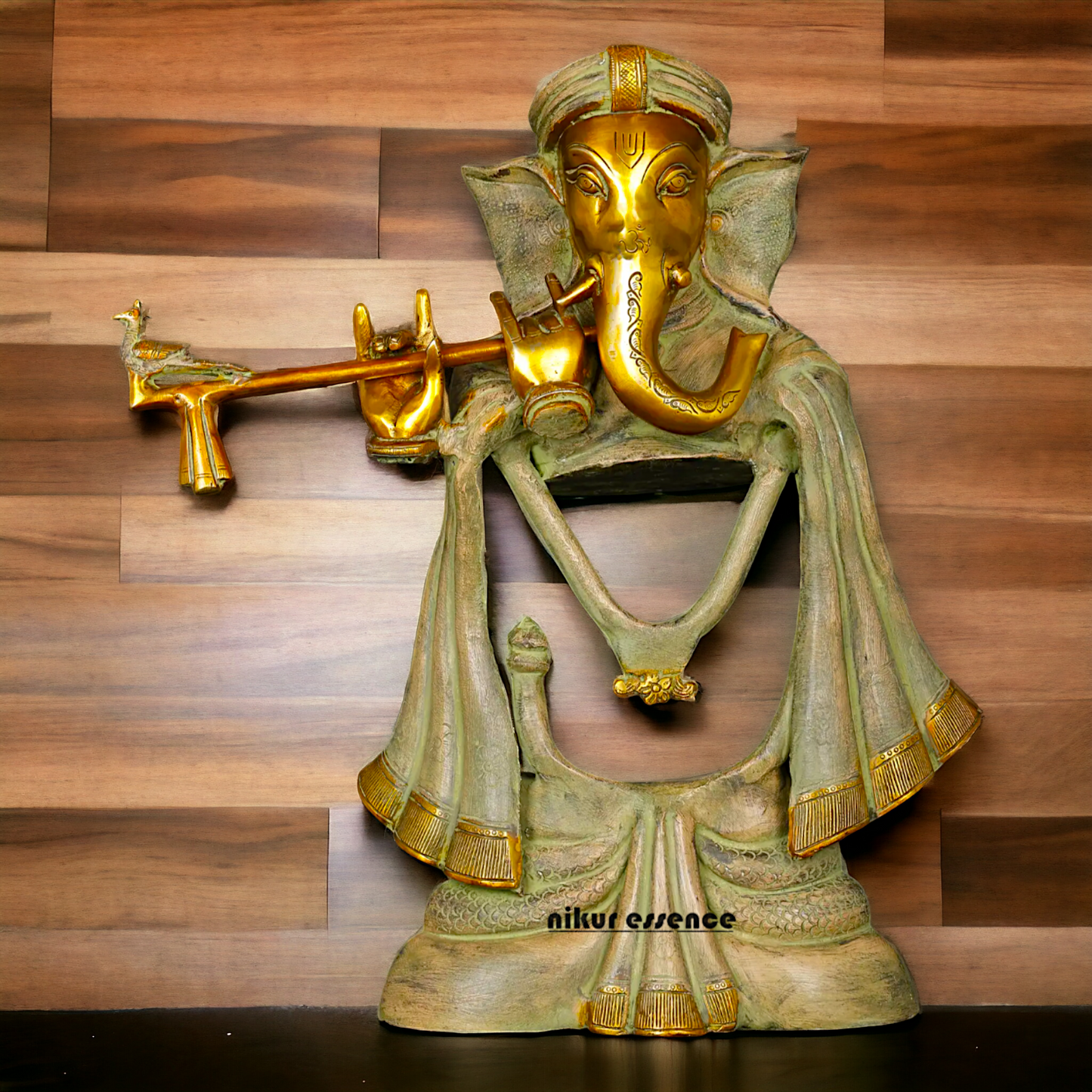 Lord Ganesha Playing Flute Brass Idol - 19 inches