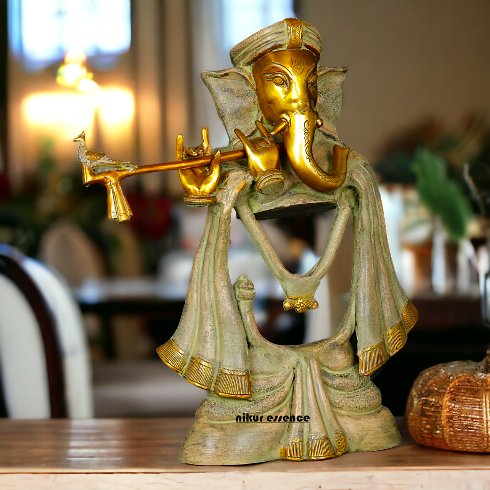 Lord Ganesha Playing Flute Brass Idol - 19 inches