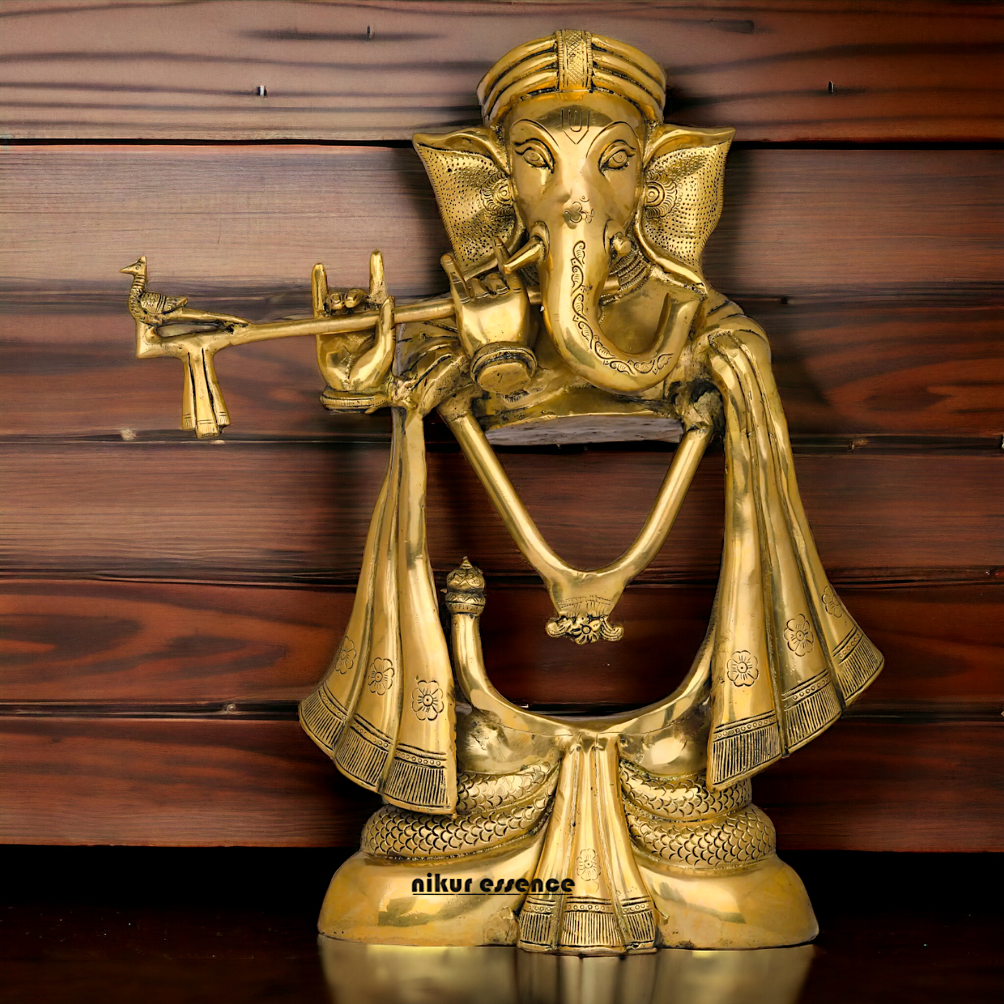 Big Ganesha Vinayaka Playing Flute Solid Brass Idol - 19 inches